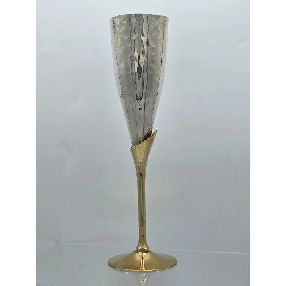 Engraved Brass Goblet Champagne Glass Flute‎ - Silver And Gold Tone